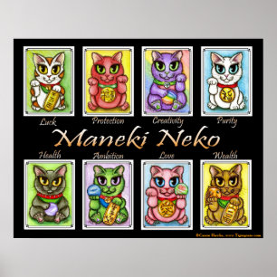 Poster av Meki Neko Lycka till Cats Fantasy Cat Ar