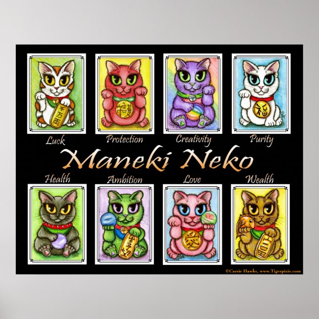 Poster av Meki Neko Lycka till Cats Fantasy Cat Ar (Framsidan)