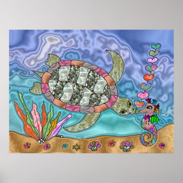 Poster av Psychedelic Sea Turtle Seahorse Art (Framsidan)