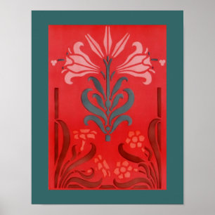 Poster av röd och blå Blommigt i stencil