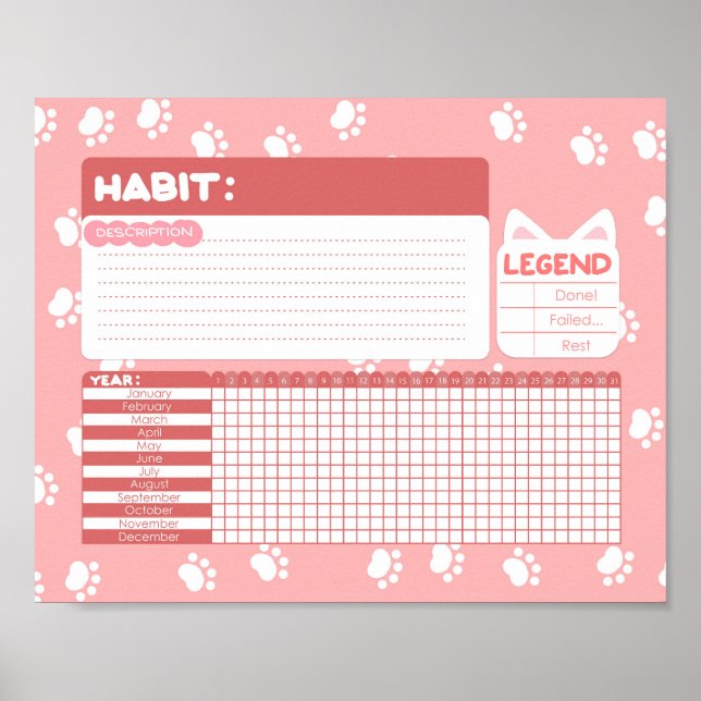 Poster av rosa Cat Paw Print Habit Tracker  (Framsidan)