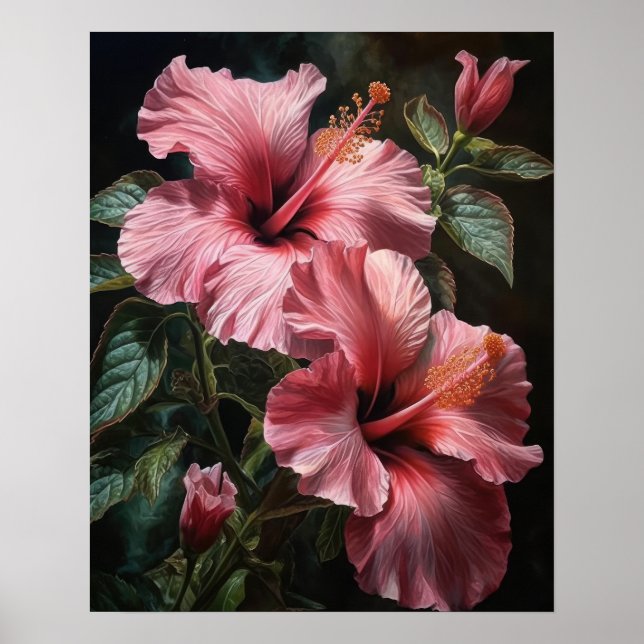 Poster av rosa Hibiscus Flowers Art Skriv ut (Framsidan)