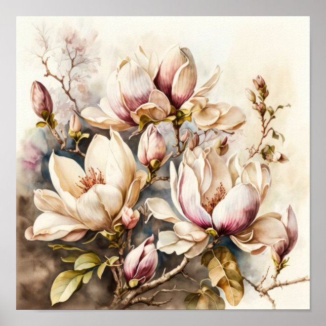 Poster av rosa Magnolia Flowers Art Skriv ut (Framsidan)