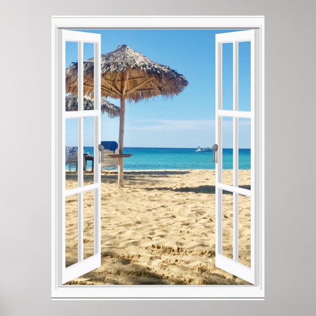 Poster av Sandy Beach and Sea Window View (Framsidan)