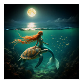 Poster av sjöjungfru och Sea Turtle Glossy Perfect Poster
