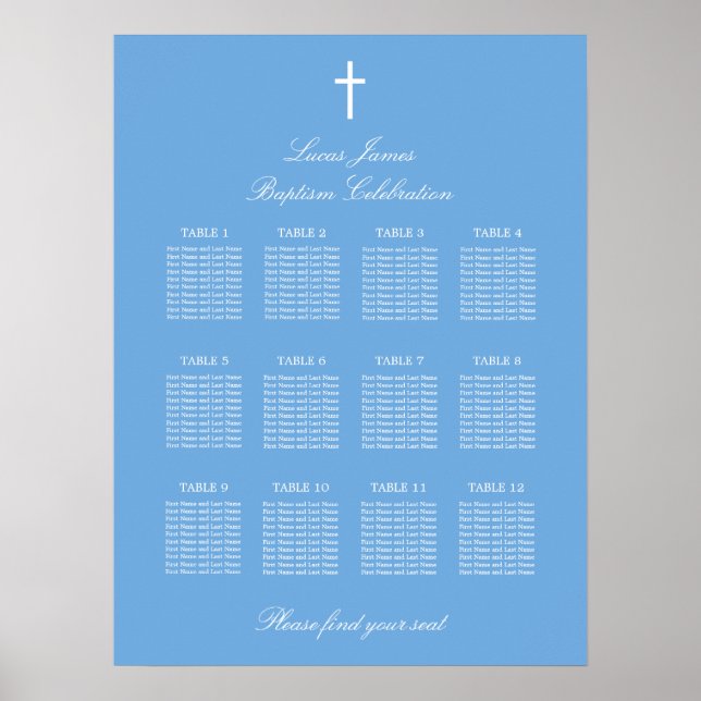 Poster av snyggt Blue 12 Bord Baptism Sittplatsdia (Framsidan)