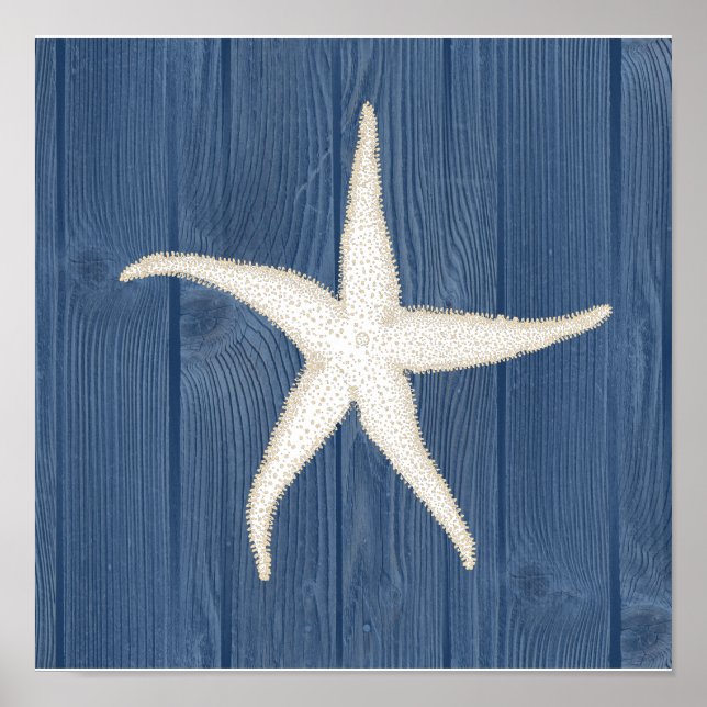Poster av Starfish Vintage Blue Wood Beach (Framsidan)