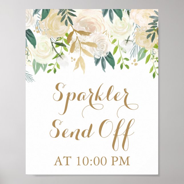 Poster av stoppskylt för guld White Flower Sparkle (Framsidan)