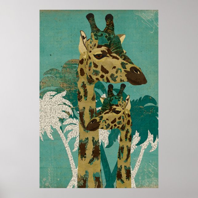 Poster av Tropiska Blue Boho Giraffes Retro Art (Framsidan)