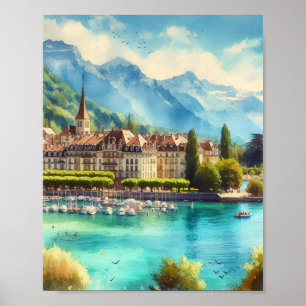 Poster av vattenfärg i sjö Genève
