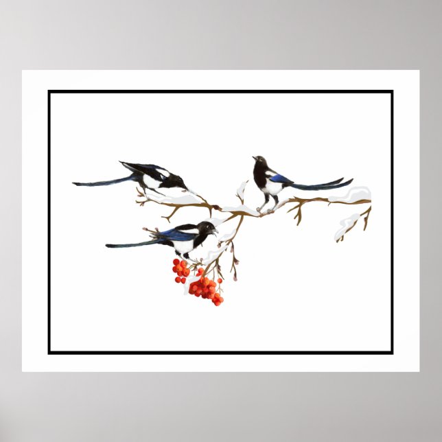 Poster av vattenfärg Magpie Birds Nature Art (Framsidan)