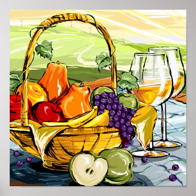 Poster av vattenfärg Picnic Fruit Basket och Vin (Framsidan)