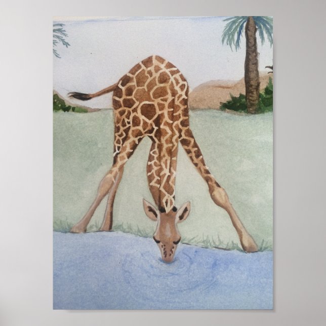 Poster av vattenfärgen Giraffe Drinking Vatten Art (Framsidan)