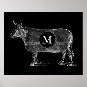 Poster av vintage ILLUSTRATION Cow Monogram Black