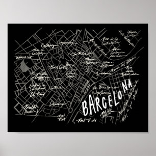 Poster Barcelona Spanien Karta - den svarta Vintag