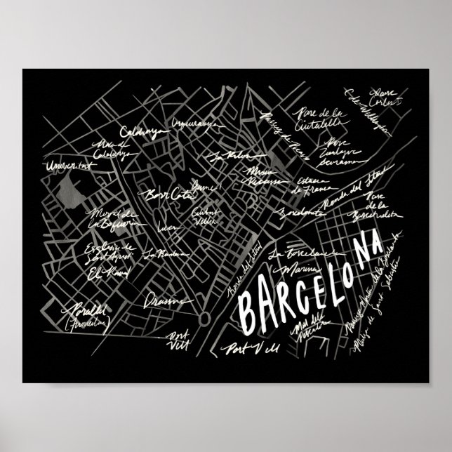 Poster Barcelona Spanien Karta - den svarta Vintag (Framsidan)