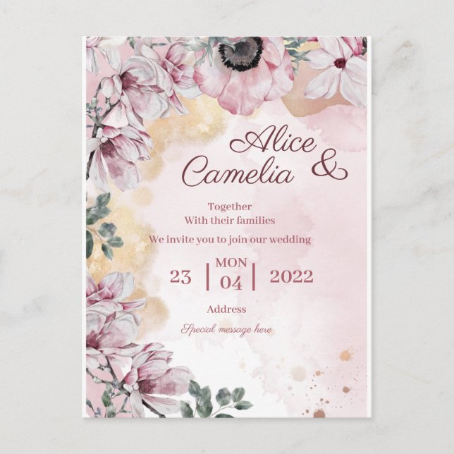 poster blommor i elegantens rosa med guld vykort (Framsida)