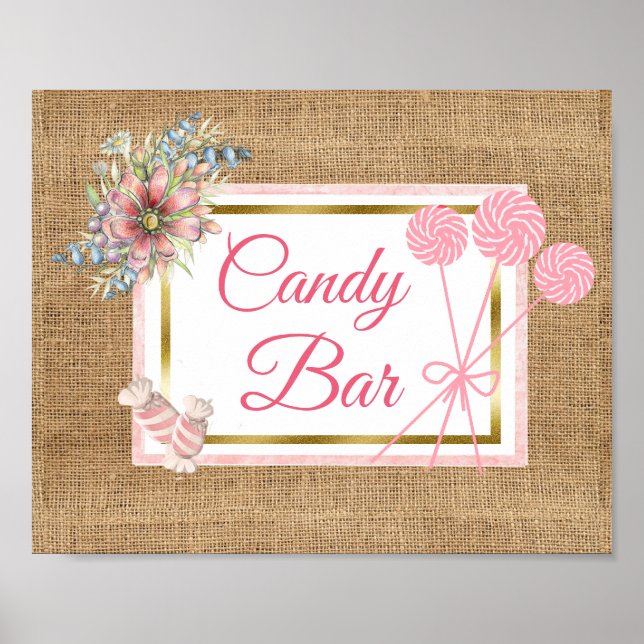 Poster Burlap Rosa Blommigt Candy Ar Bröllop-skylt (Framsidan)