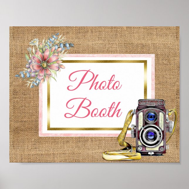 Poster Burlap Rosa Blommigt Photo Booth Bröllop Si (Framsidan)