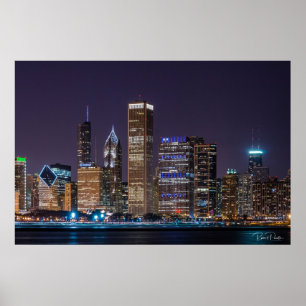Poster - Chicago Skyline Illinois med Nattens Himl