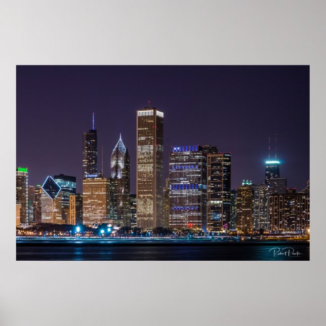 Poster - Chicago Skyline Illinois med Nattens Himl (Framsidan)