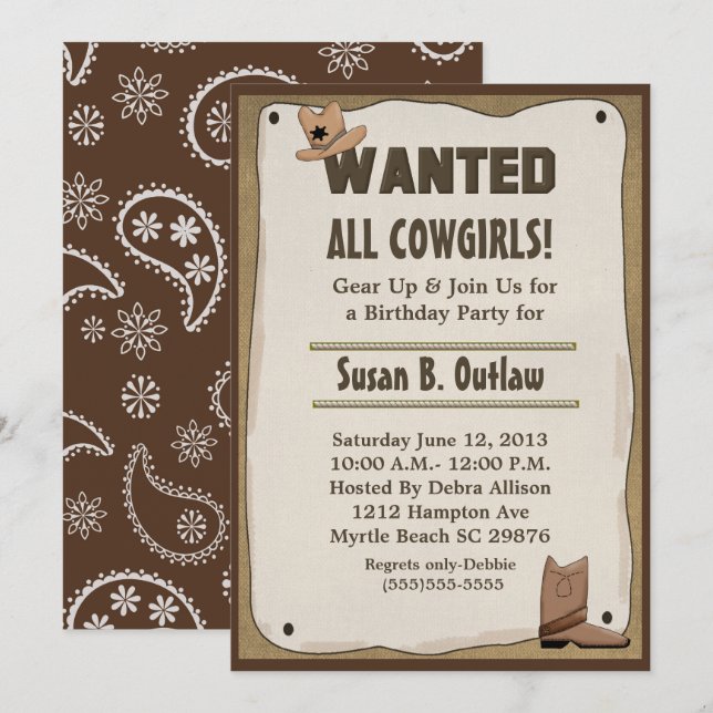 Poster Cowgirl/Cowboy Birthday Inbjudningar (Fram/baksida)