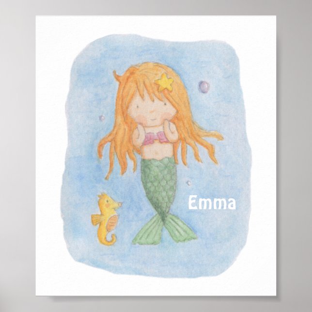 Poster Cute Sjöjungfru Girl and Seahorse Print (Framsidan)