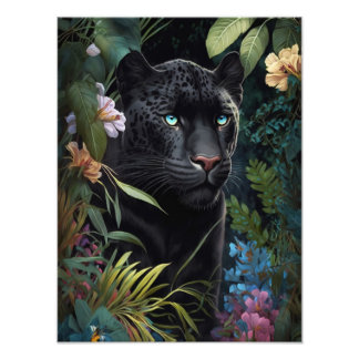 Poster de pantera negra en la selva con flores