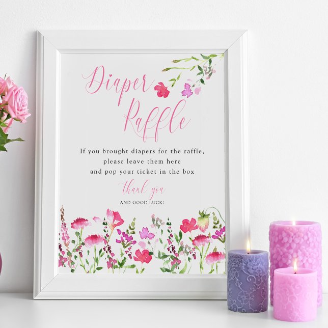 Poster Diaper Raffle Rosa Wildblomma Baby Shower (Diaper Raffle Game Sign from my Pink Wildflower Collection. Message me to create more items.)