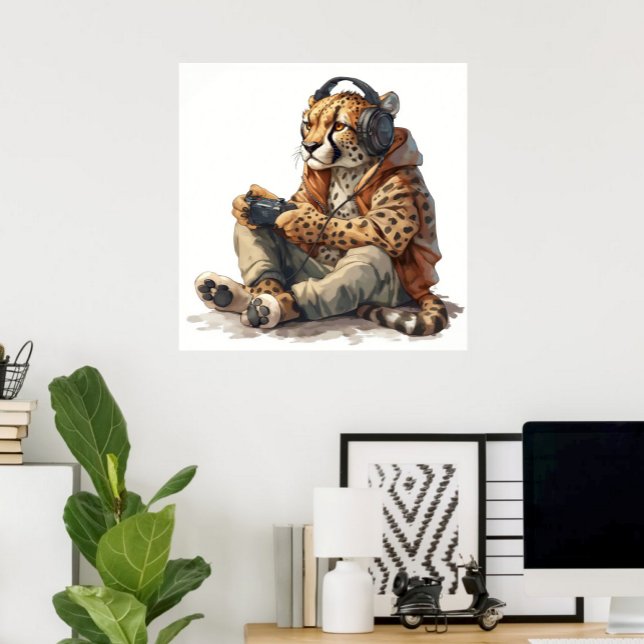 Poster eller hämta Gamer Cheetah för barn (Gamer Cheetah Funny Canvas Print for Kids Cheetah playing video games)
