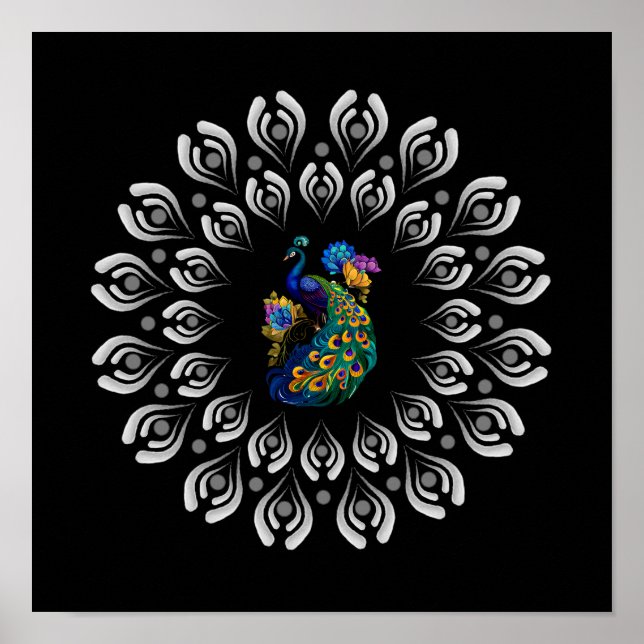 Poster en färgstark peacock Dotting Mandala-mall (Framsidan)