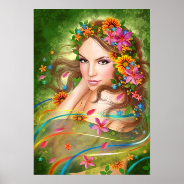 Poster Fantasy Beval Fairy-kvinna med blommor (Framsidan)