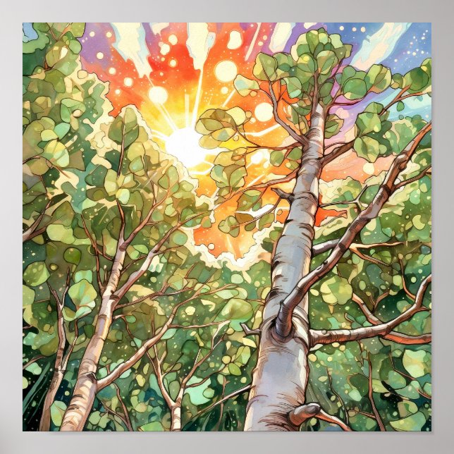 Poster färgsfärg för solnedgång i skogar (Framsidan)