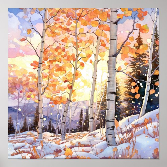 Poster färgsfärg för solnedgång i skogar (Framsidan)