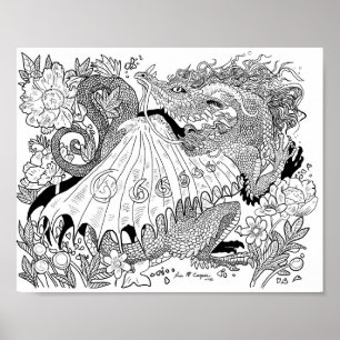 Poster färgsida för blommigt Dragon-färgning