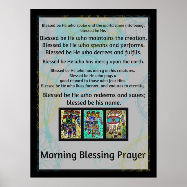 Poster för judisk morgonbluting Prayer Batik Hamsa (Framsidan)