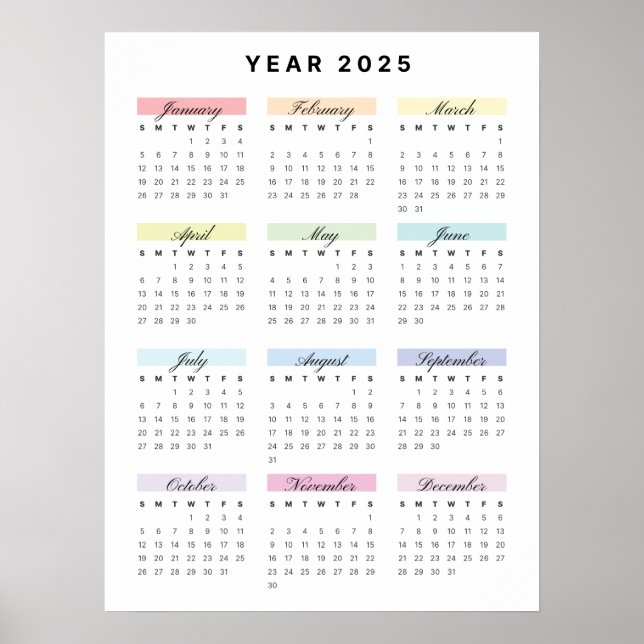 Poster för regnbågsminimalistkalender för 2025 (Framsidan)
