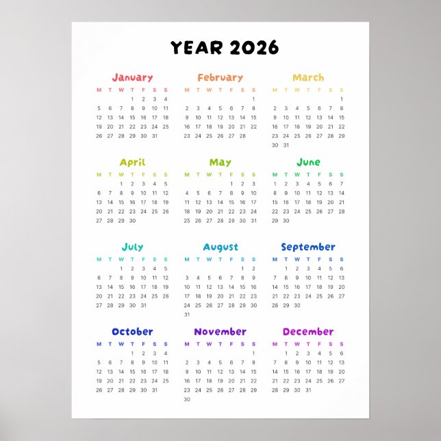 Poster för regnbågsminimalistkalender för 2026 (Framsidan)
