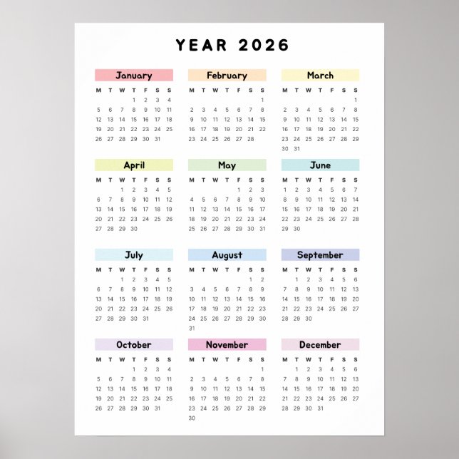 Poster för regnbågsminimalistkalender för 2026 (Framsidan)