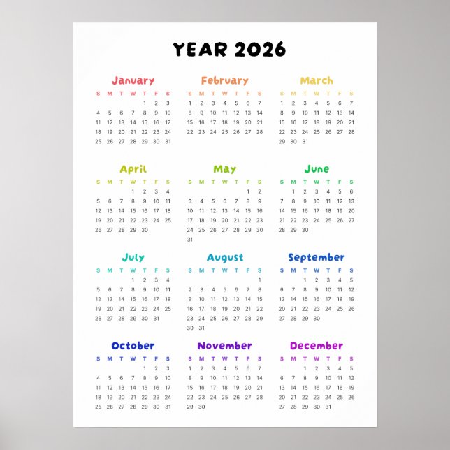 Poster för regnbågsminimalistkalender för 2026 (Framsidan)