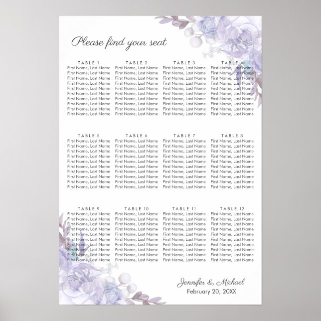 Poster för sätesschemat för blommigt Ro Lila  Lövs (Framsidan)