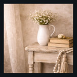 Poster French Country Farmhouse Table<br><div class="desc">This French country farmhouse poster features a rustic wooden table styled with a white ceramic pitcher filled with delicate flowers, vintage books, and a soft tassel garland. The warm neutral tones and gentle textures create a calm cottage atmosphere inspired by classic French farmhouse interiors. Perfect for farmhouse kitchens, bedrooms, entryways,...</div>