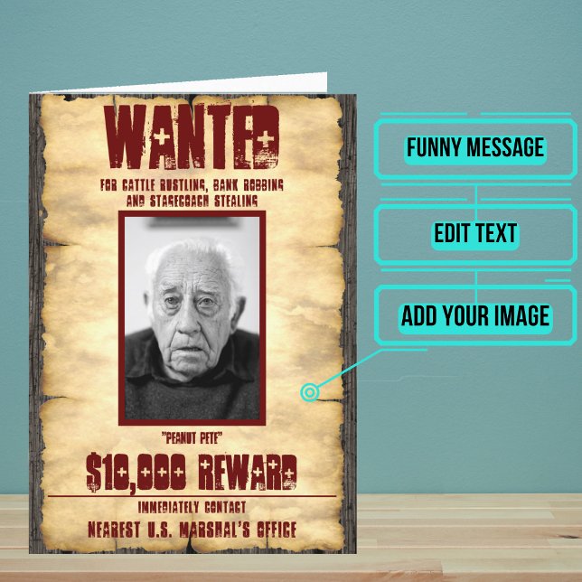 Poster funktionellt Gammala västern-kort Kort (The cart acts like an Old Western wanted poster generator with your friend as the "fugitive".)