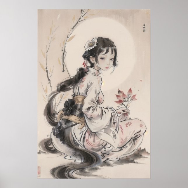 Poster Gueixa e Lua - Arte Tradicional Chinesa (Framsidan)