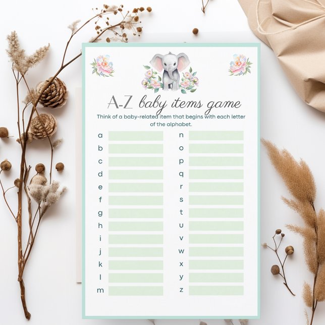 Poster i baby Elephant Peonies & Balloons A-Z Baby (Entertain your guests with a party game during breaks between meal courses!)