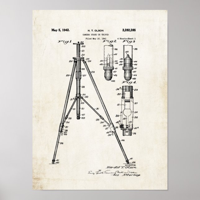 Poster Kamera Tripod Patent Print 1942 (Framsidan)