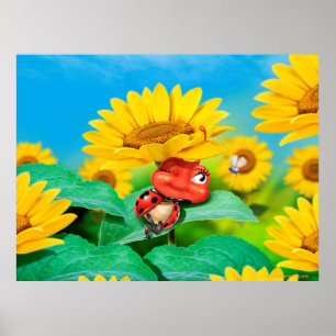 Poster konst sömnig snoozy Ladybug och solblommor