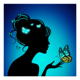 Poster La femme papillons bleues Perfect Poster