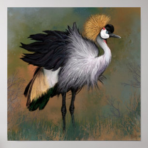 Poster målning av grått Crowned Crane Bird
