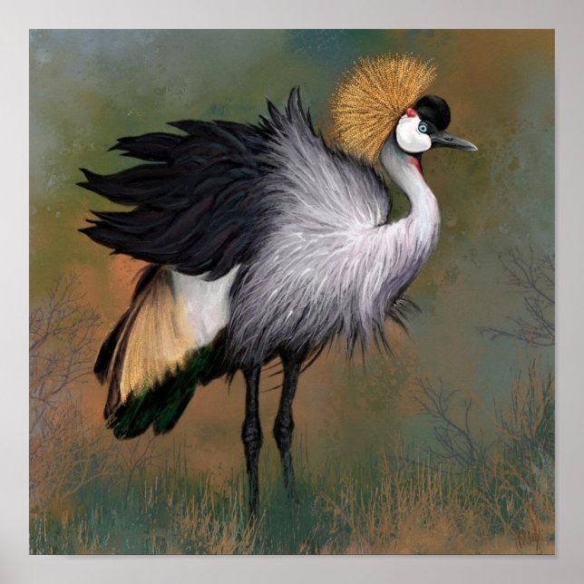Poster målning av grått Crowned Crane Bird (Framsidan)